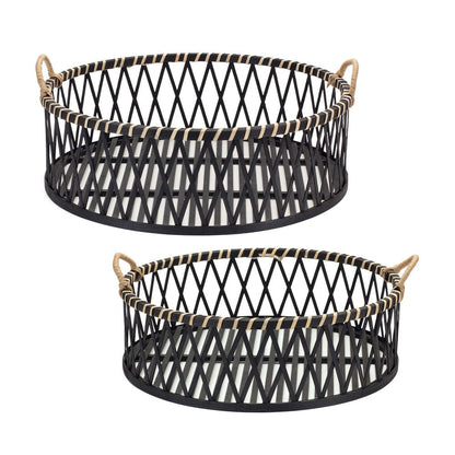 Set of Two Black and Tan Round Bamboo Serving Tray With Handles HomeRoots