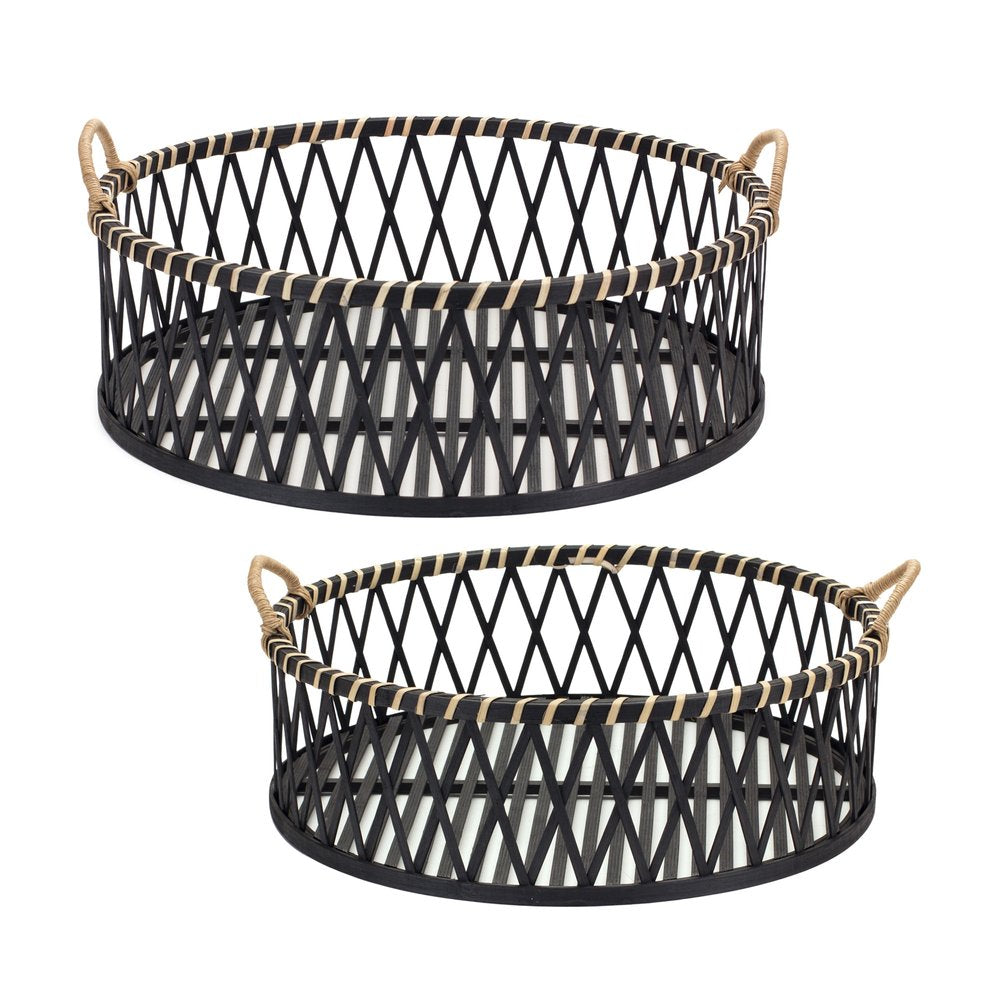 Set of Two Black and Tan Round Bamboo Serving Tray With Handles HomeRoots