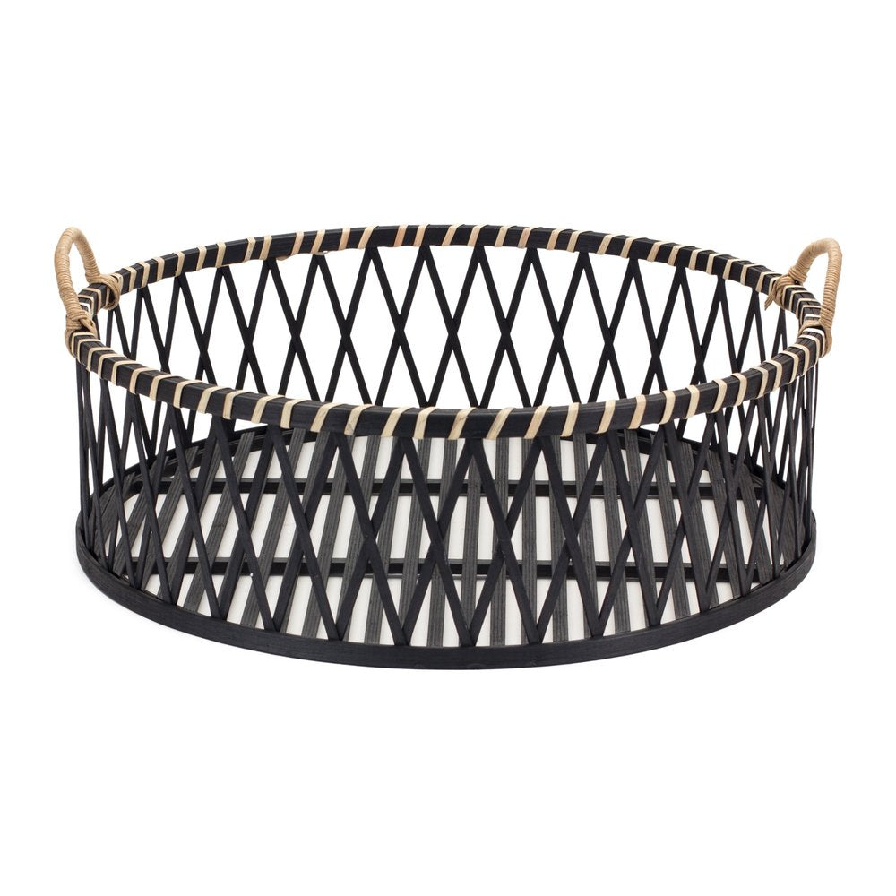 Set of Two Black and Tan Round Bamboo Serving Tray With Handles HomeRoots