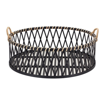 Set of Two Black and Tan Round Bamboo Serving Tray With Handles HomeRoots