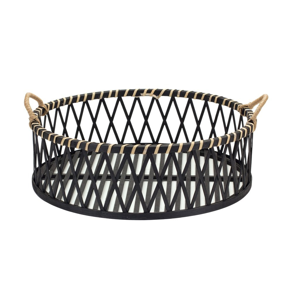 Set of Two Black and Tan Round Bamboo Serving Tray With Handles HomeRoots