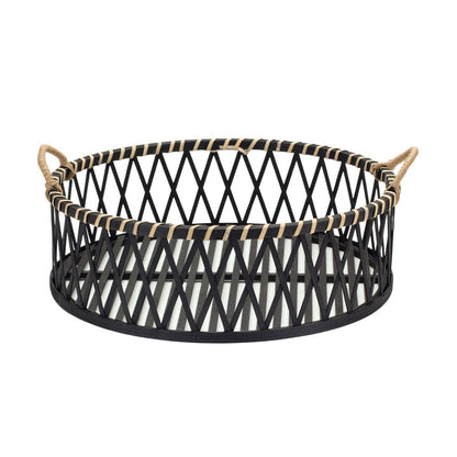 Set of Two Black and Tan Round Bamboo Serving Tray With Handles HomeRoots