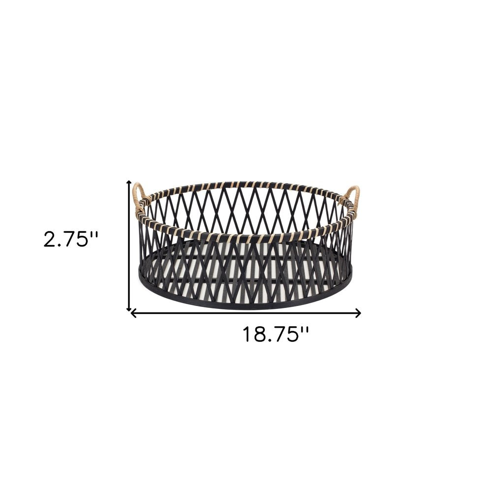Set of Two Black and Tan Round Bamboo Serving Tray With Handles HomeRoots