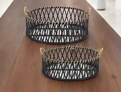 Set of Two Black and Tan Round Bamboo Serving Tray With Handles HomeRoots