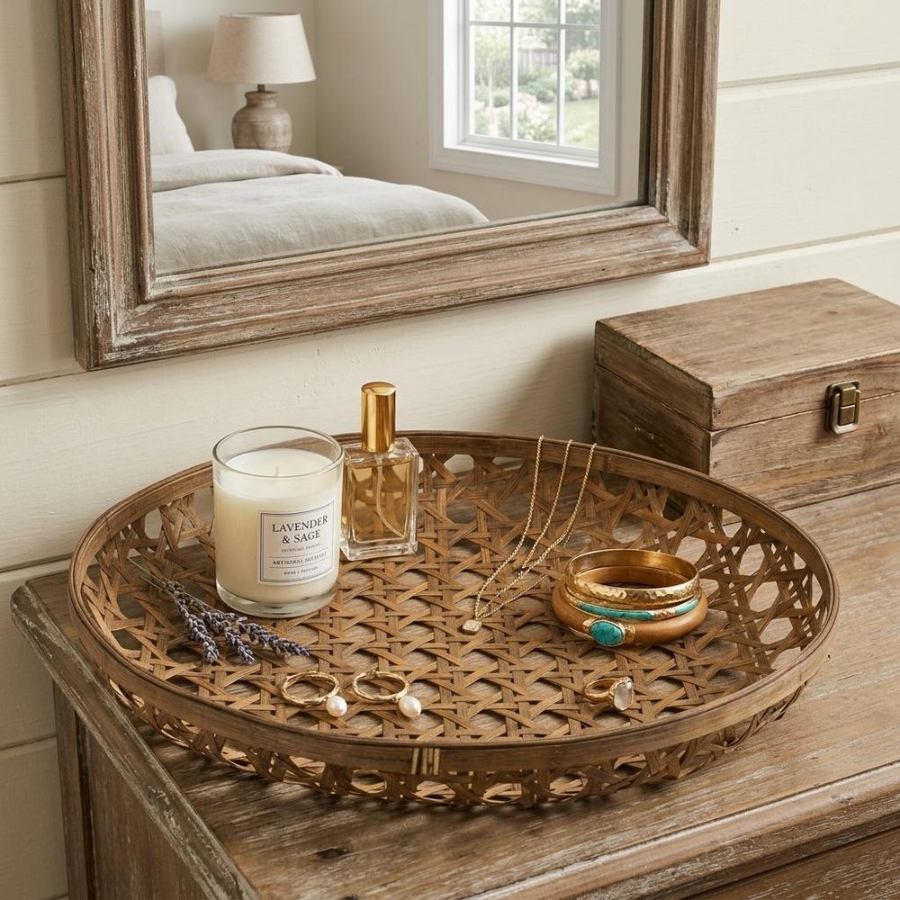 26" Brown Bamboo Weave Round Wood Vanity Tray HomeRoots
