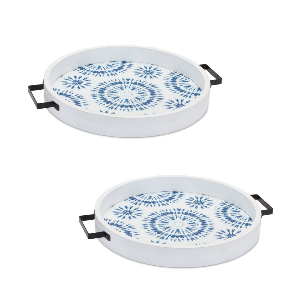 Set of Two Blue Round Solid Wood Vanity Tray With Handles HomeRoots