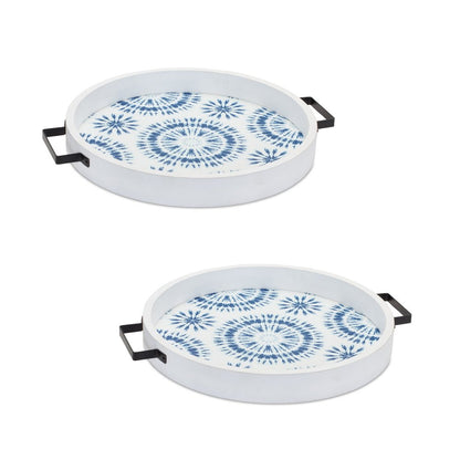 Set of Two Blue Round Solid Wood Vanity Tray With Handles HomeRoots