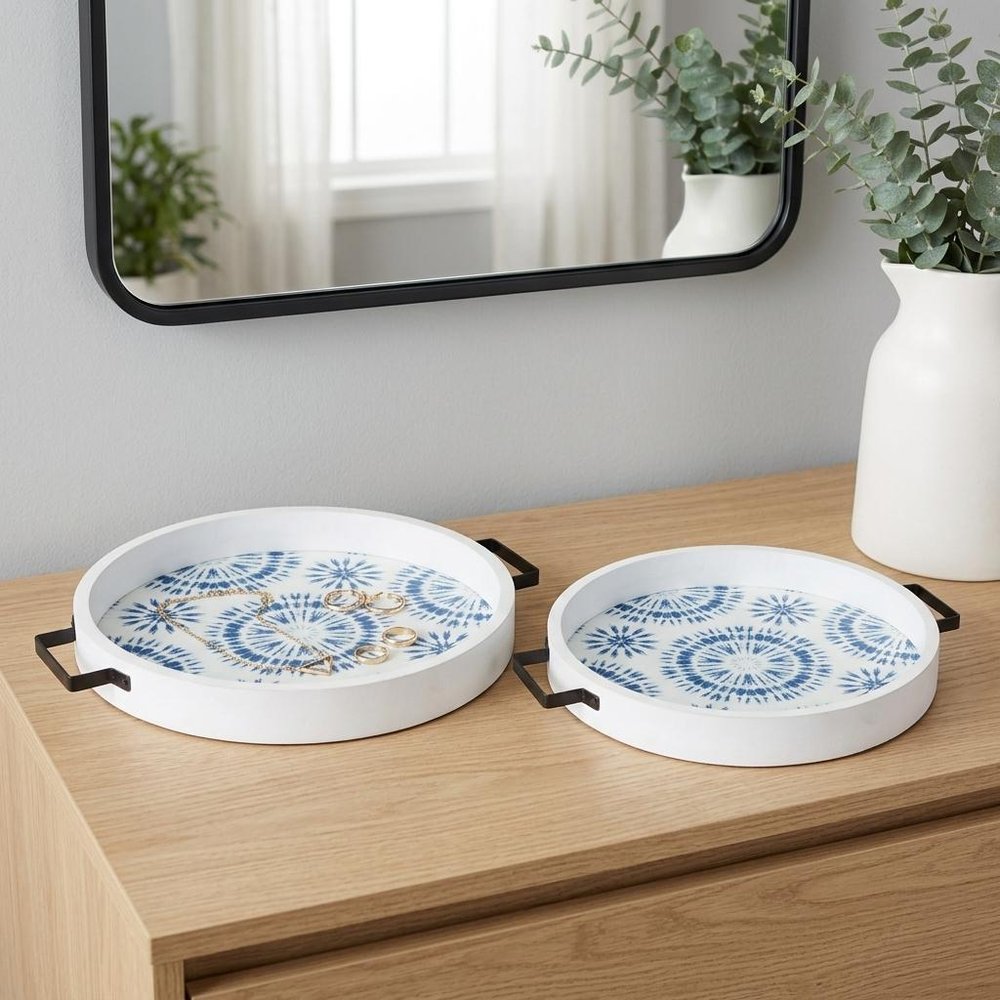 Set of Two Blue Round Solid Wood Vanity Tray With Handles HomeRoots