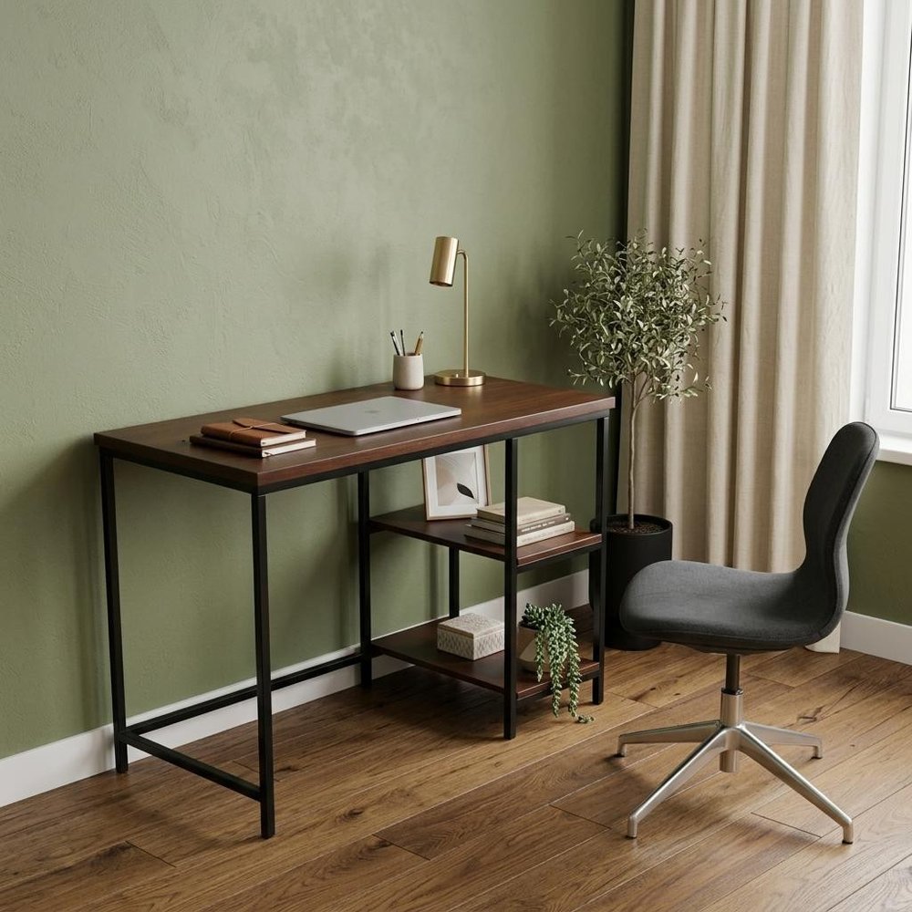 42" Chestnut and Black Solid Wood and Stainless Steel Computer Desk — view 7