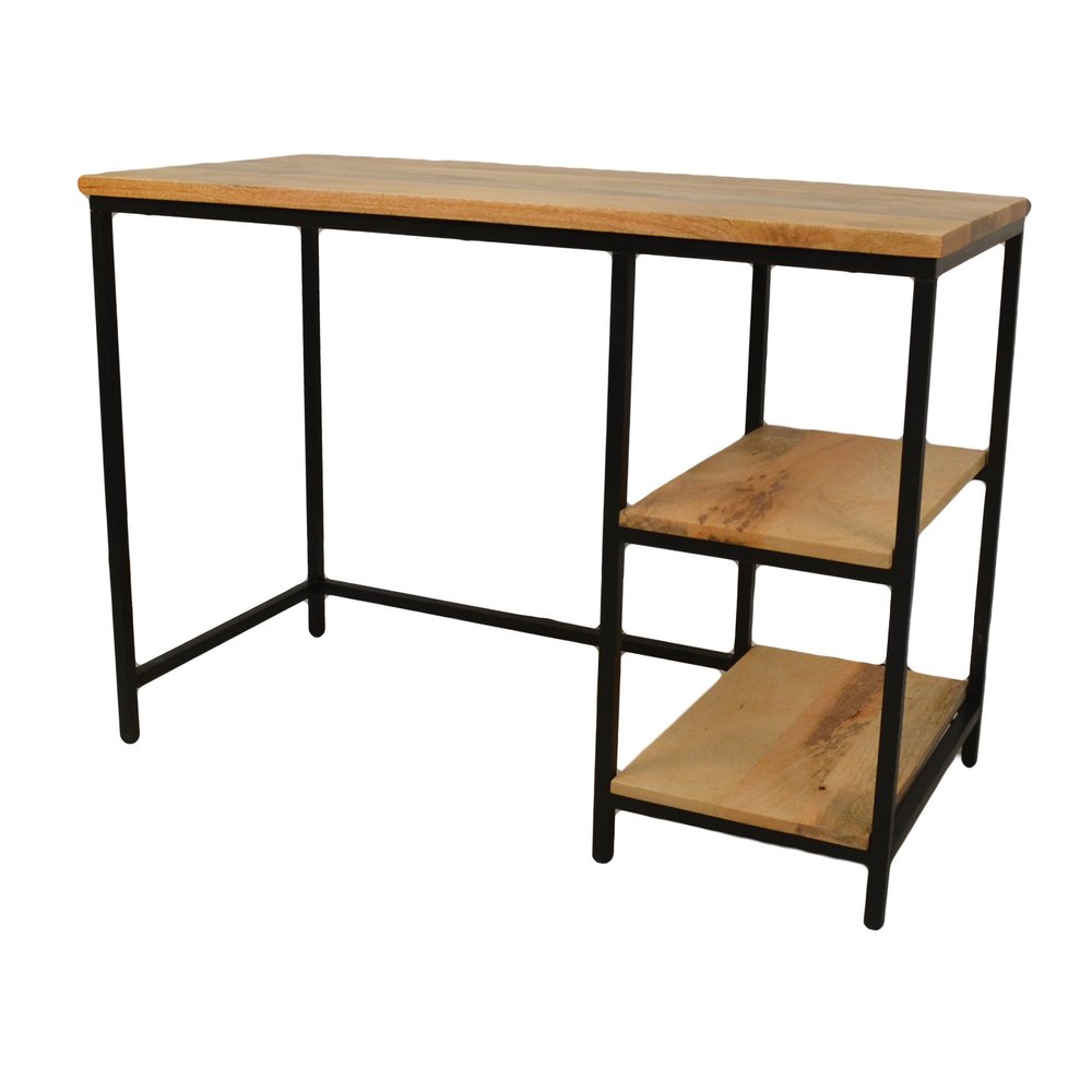 42" Natural and Black Solid Wood and Metal Computer Desk