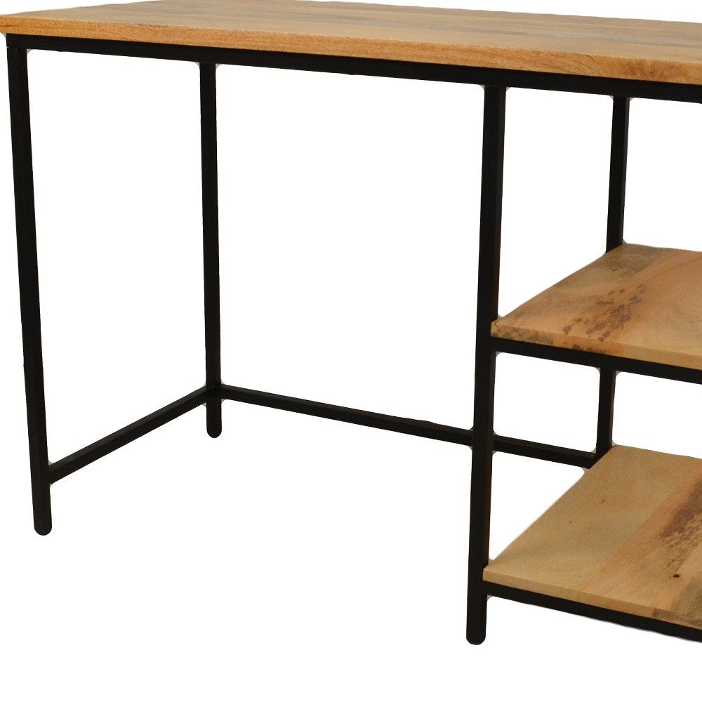 42" Natural and Black Solid Wood and Metal Computer Desk