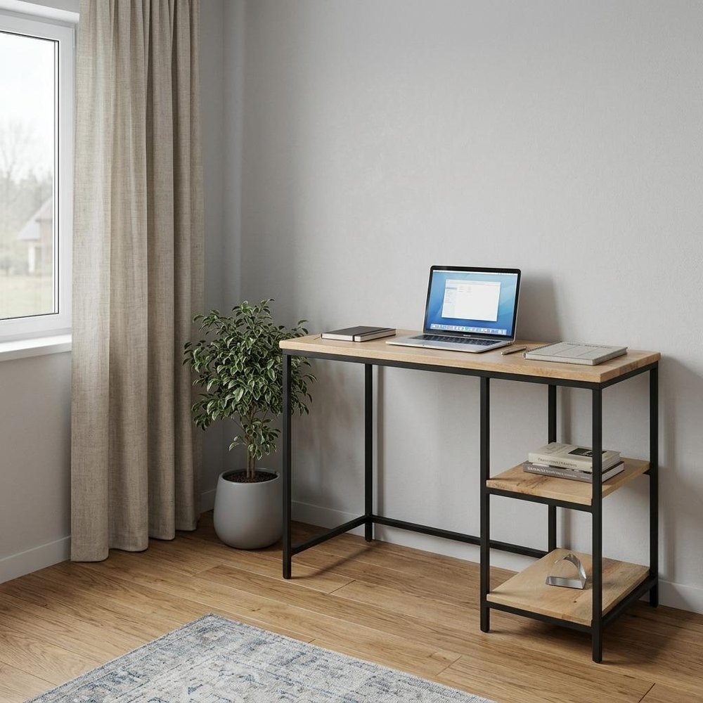 42" Natural and Black Solid Wood and Metal Computer Desk — view 5