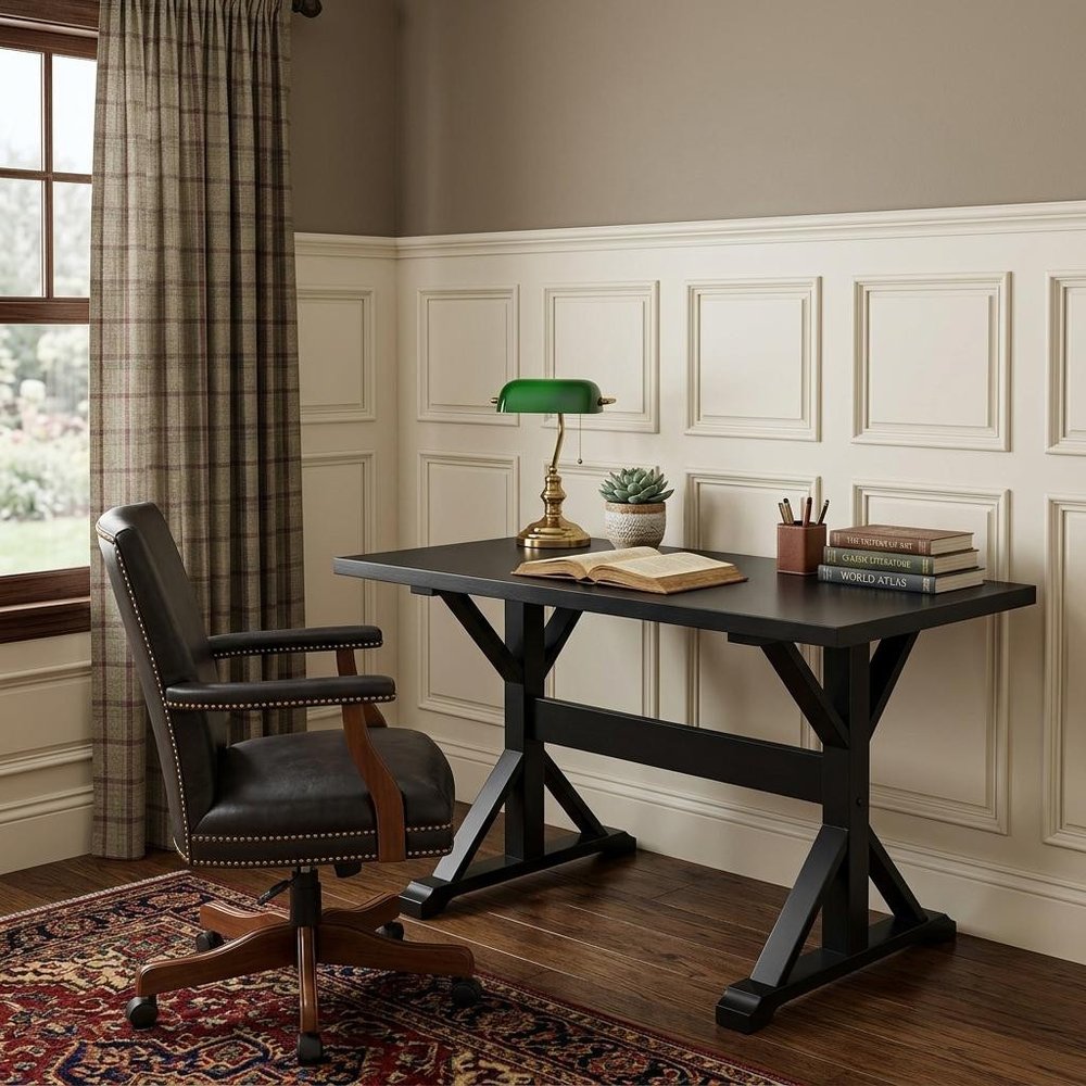 48" Black Solid Wood Trestle Writing Desk — view 5