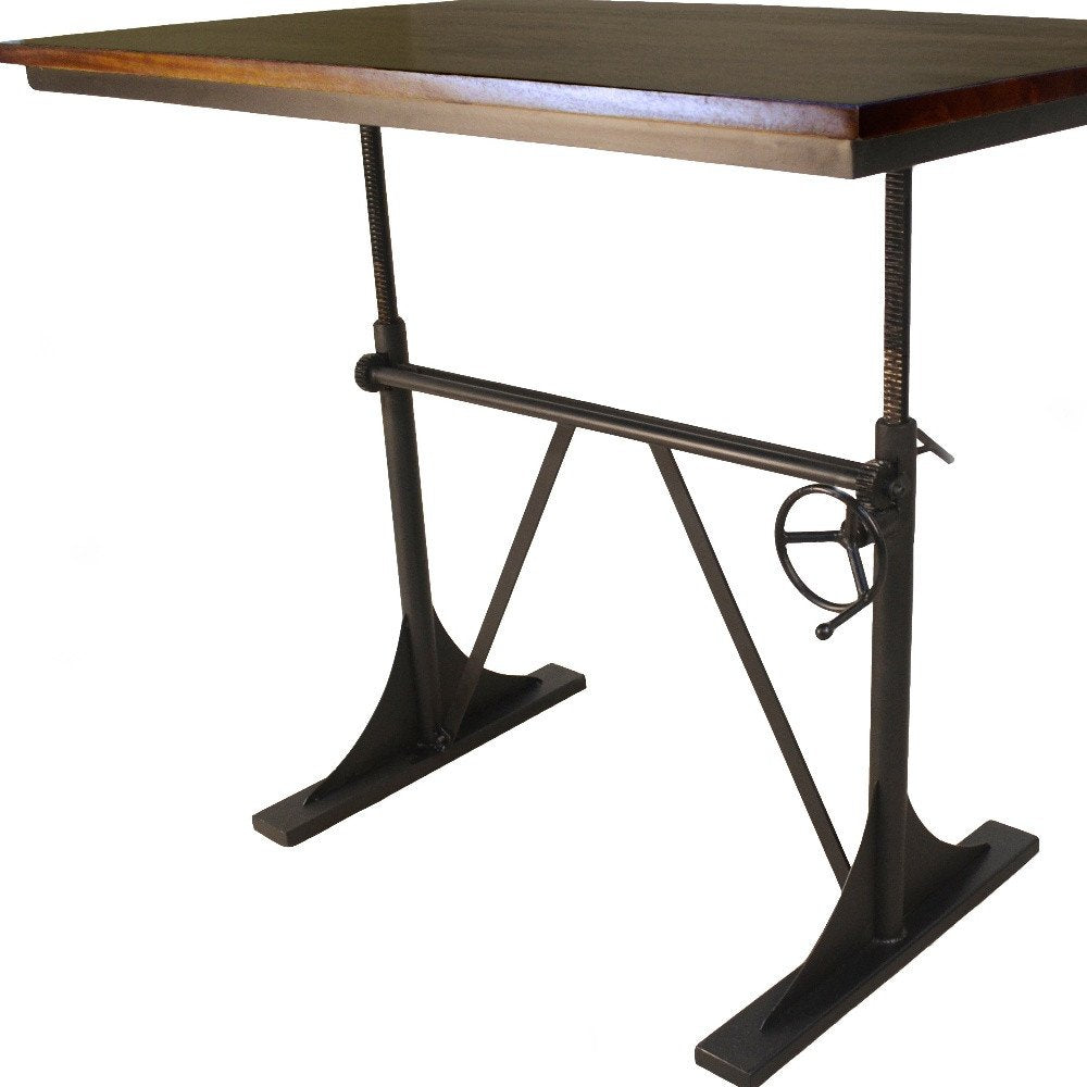 Adjustable Height Brown and Black Solid Wood and Iron Writing Desk — view 3