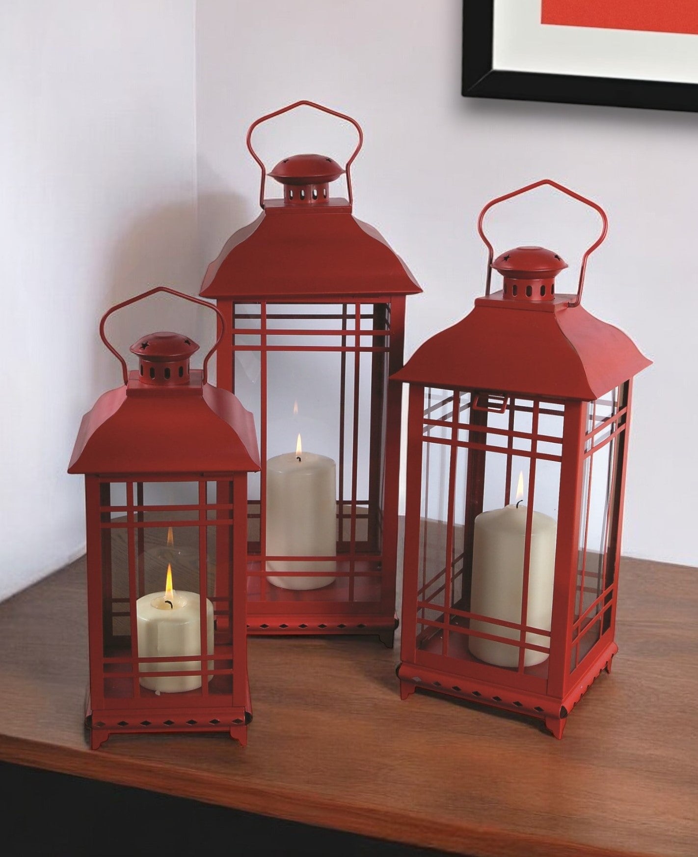 Set of Three Red Glass and Metal Geometric Floor Lantern Candle Holders