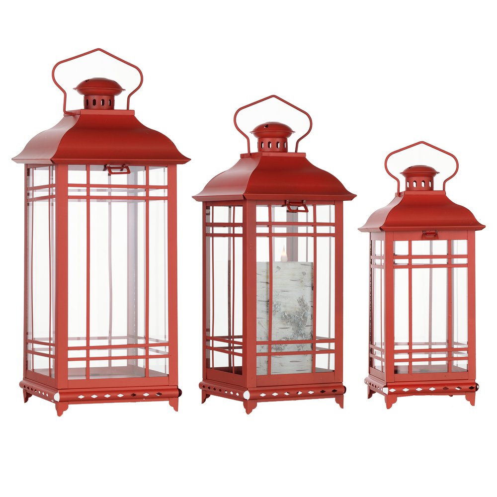 Set of Three Red Geometric Glass And Metal Floor Lantern Candle Holders HomeRoots