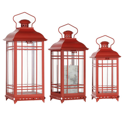Set of Three Red Geometric Glass And Metal Floor Lantern Candle Holders HomeRoots