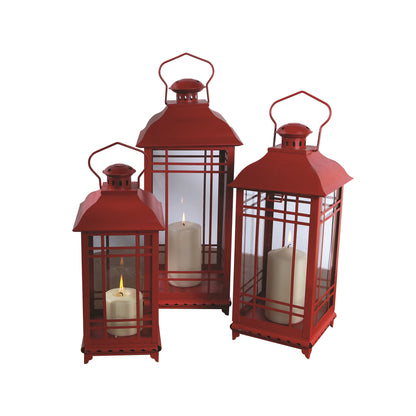 Set of Three Red Glass and Metal Geometric Floor Lantern Candle Holders