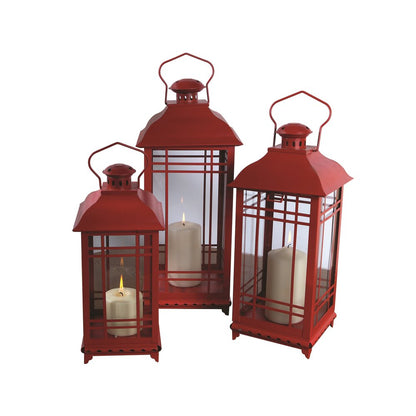Set of Three Red Geometric Glass And Metal Floor Lantern Candle Holders HomeRoots