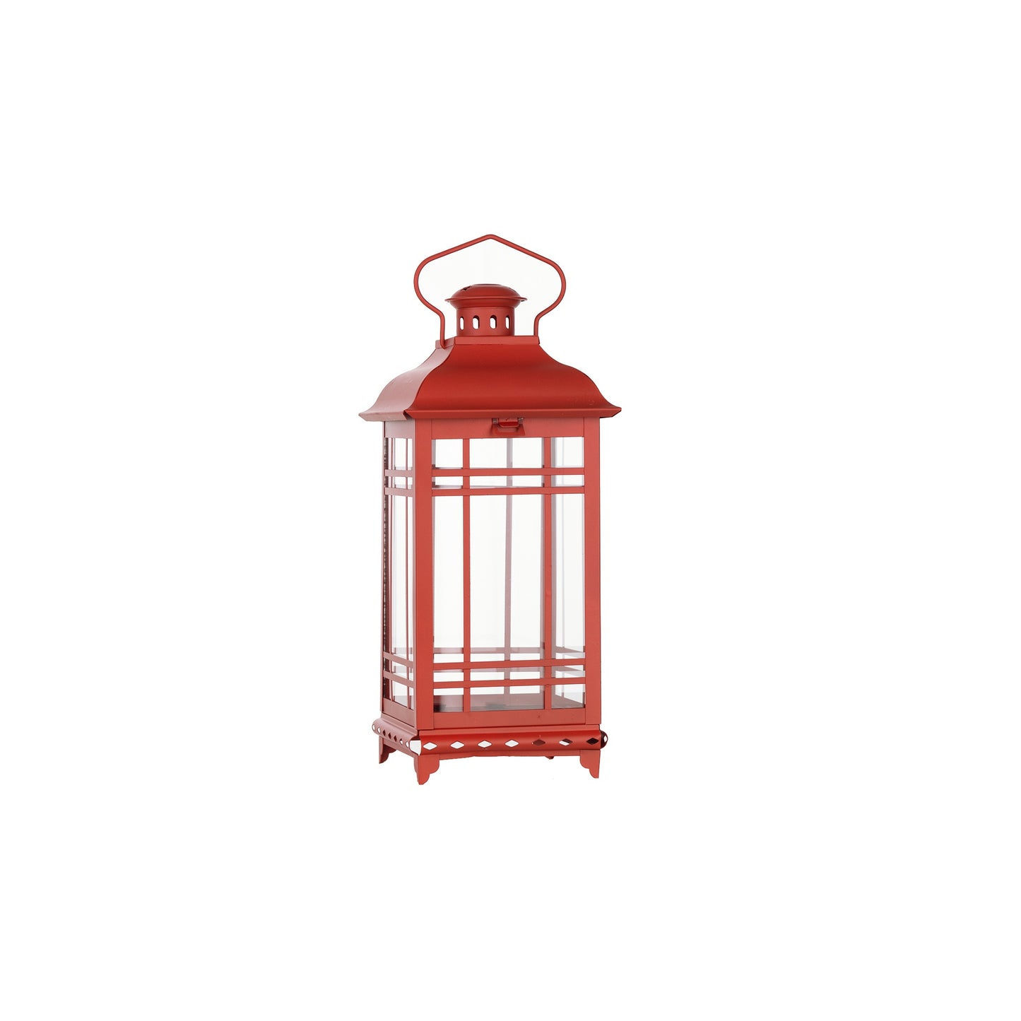 Set of Three Red Glass and Metal Geometric Floor Lantern Candle Holders