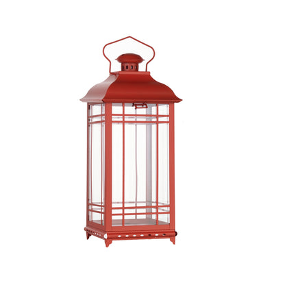 Set of Three Red Glass and Metal Geometric Floor Lantern Candle Holders