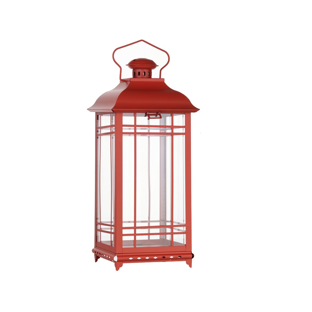 Set of Three Red Geometric Glass And Metal Floor Lantern Candle Holders HomeRoots