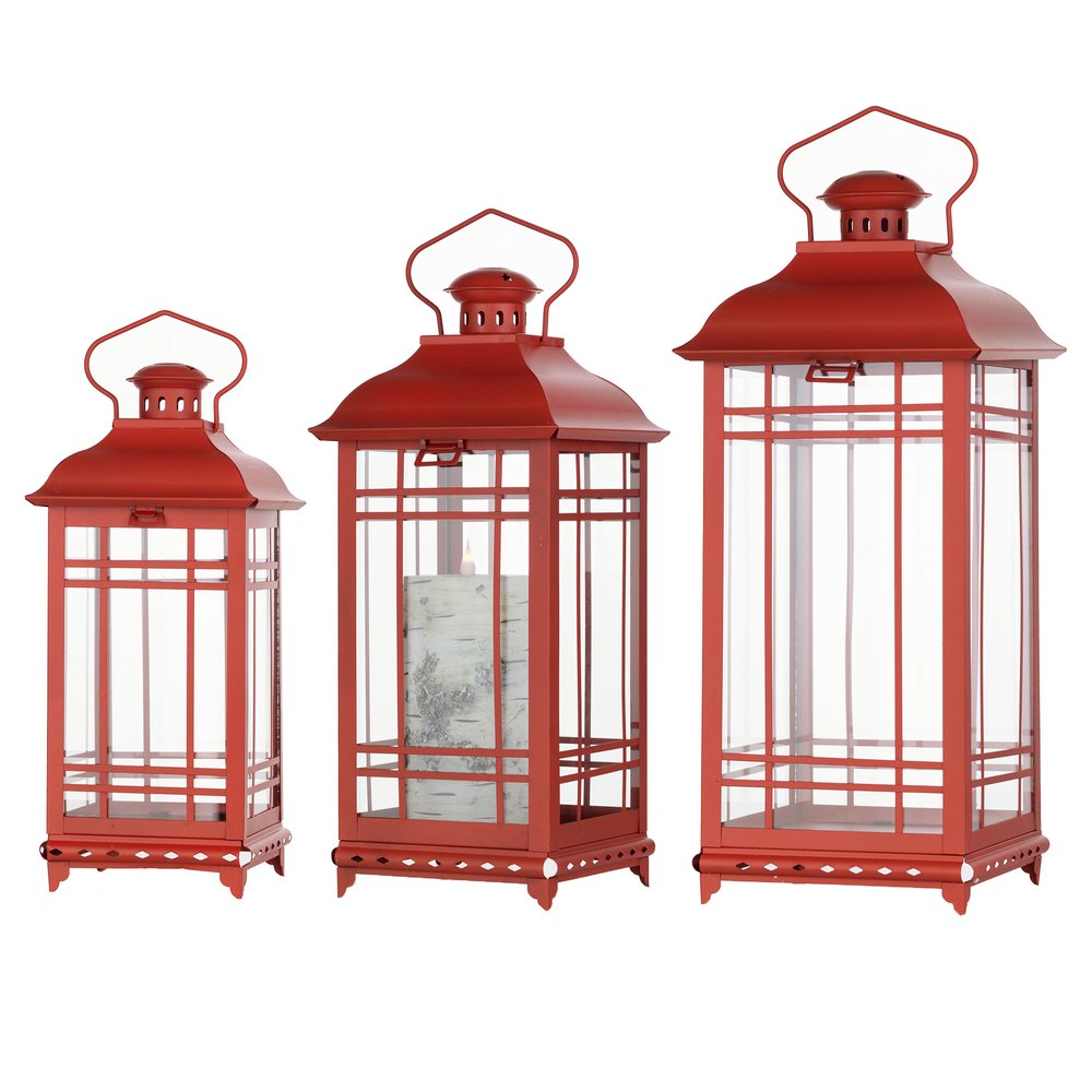 Set of Three Red Geometric Glass And Metal Floor Lantern Candle Holders HomeRoots