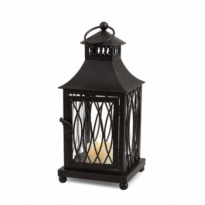 Set of Three Black Geometric Glass And Metal Floor Lantern Candle Holders HomeRoots