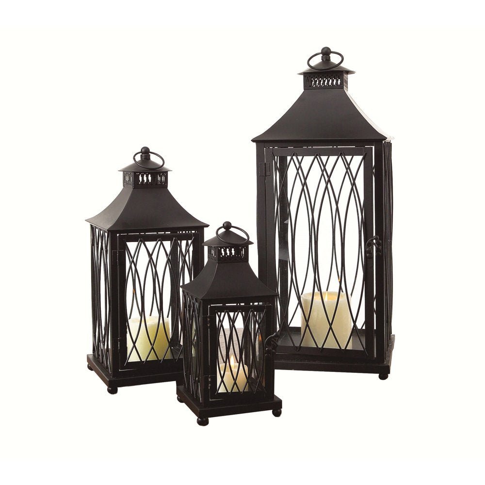 Set of Three Black Geometric Glass And Metal Floor Lantern Candle Holders HomeRoots