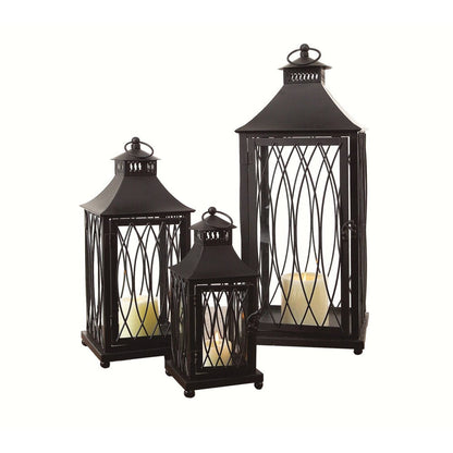 Set of Three Black Geometric Glass And Metal Floor Lantern Candle Holders HomeRoots