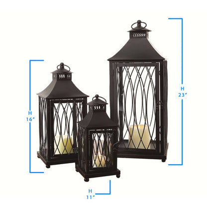 Set of Three Black Geometric Glass And Metal Floor Lantern Candle Holders HomeRoots