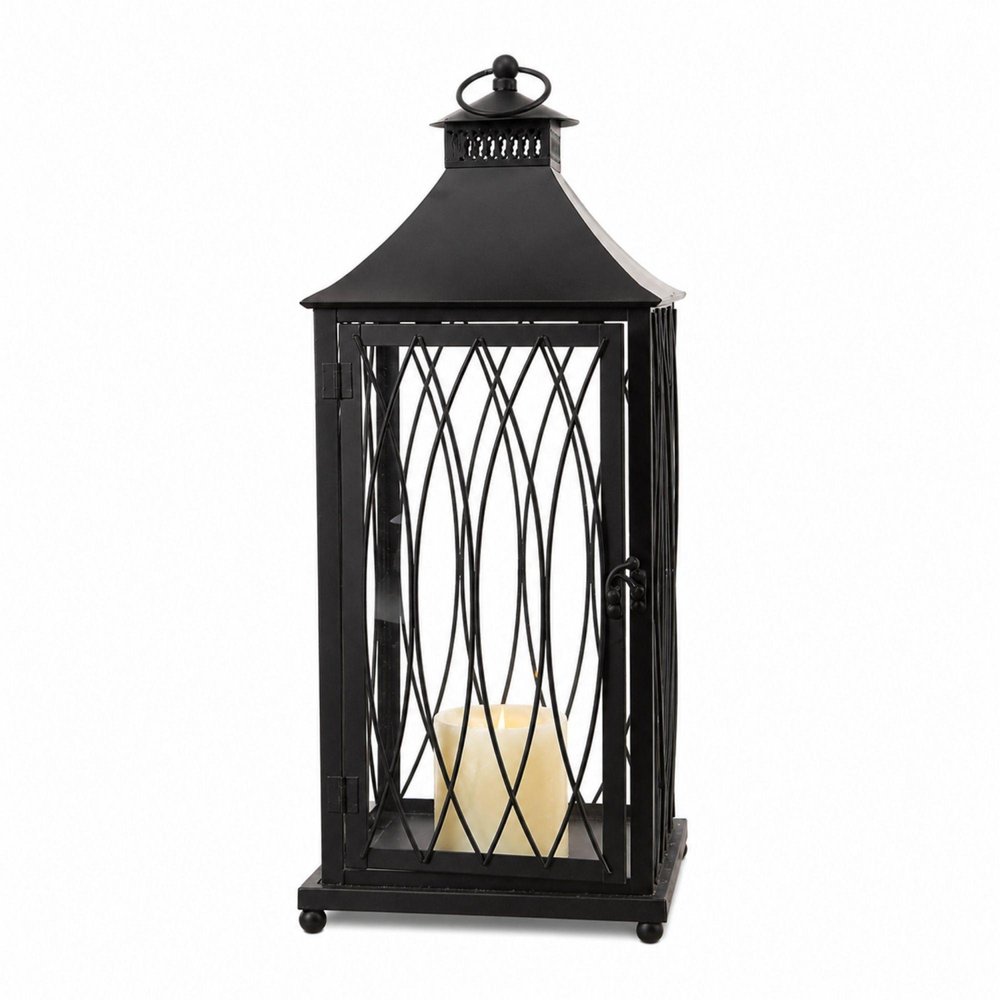 Set of Three Black Geometric Glass And Metal Floor Lantern Candle Holders HomeRoots