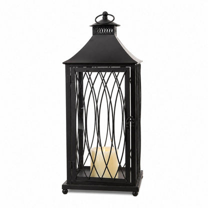 Set of Three Black Geometric Glass And Metal Floor Lantern Candle Holders HomeRoots