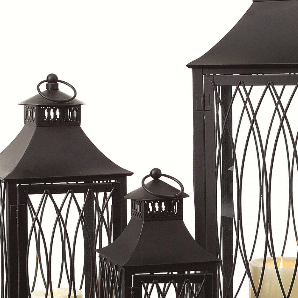 Set of Three Black Geometric Glass And Metal Floor Lantern Candle Holders HomeRoots