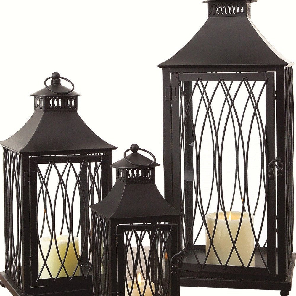 Set of Three Black Geometric Glass And Metal Floor Lantern Candle Holders HomeRoots