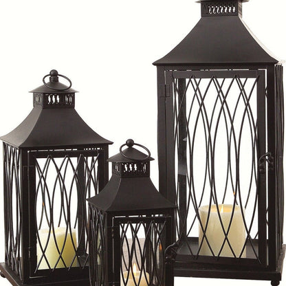 Set of Three Black Geometric Glass And Metal Floor Lantern Candle Holders HomeRoots