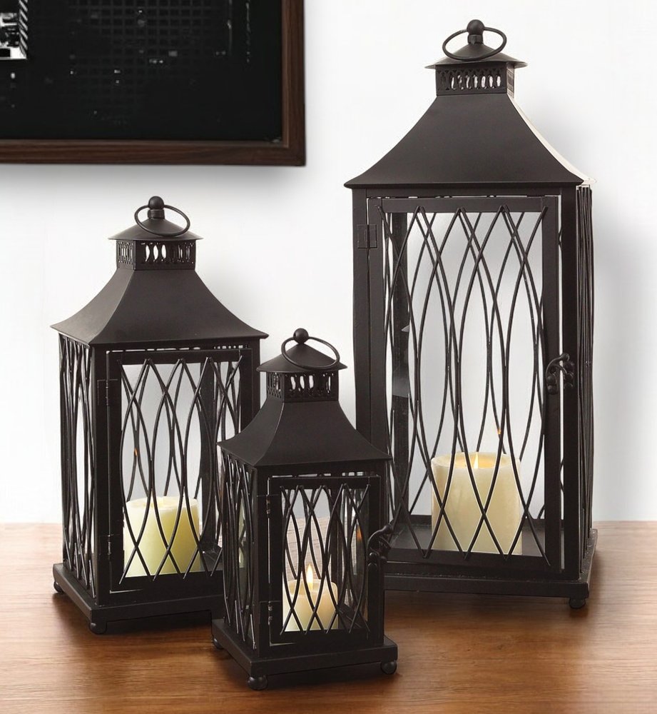 Set of Three Black Geometric Glass And Metal Floor Lantern Candle Holders HomeRoots