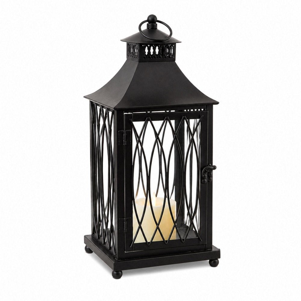 Set of Three Black Geometric Glass And Metal Floor Lantern Candle Holders HomeRoots