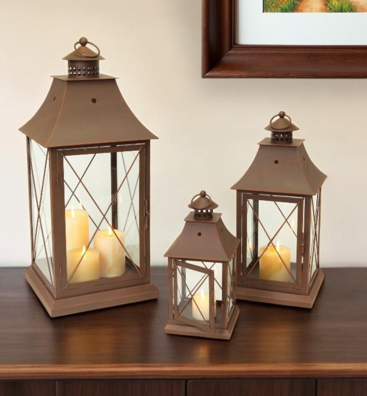 Set of Three Brown Glass and Metal Lattice Floor Lantern Candle Holders