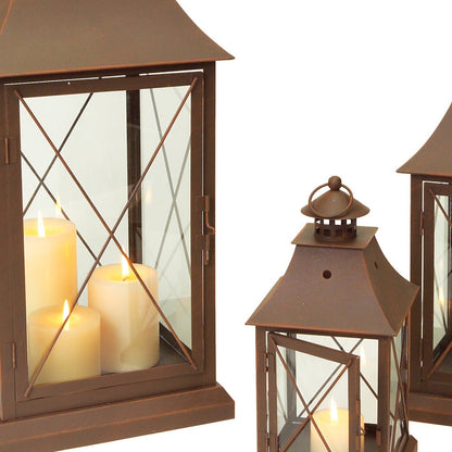 Set of Three Brown Glass and Metal Lattice Floor Lantern Candle Holders