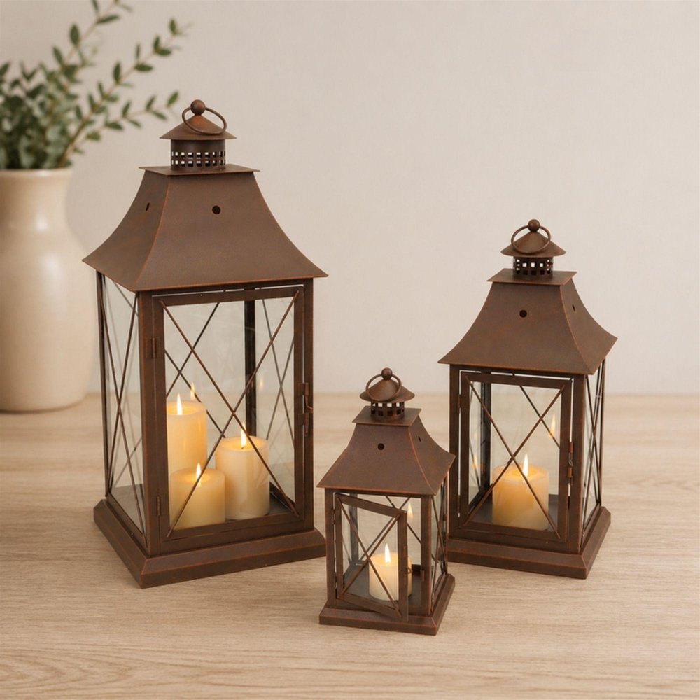 Set of Three Brown Lattice Glass And Metal Floor Lantern Candle Holders HomeRoots