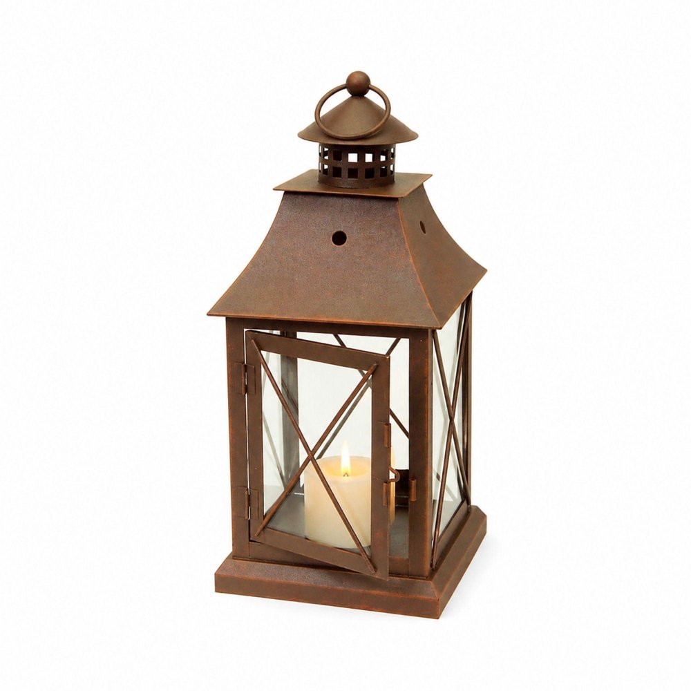 Set of Three Brown Lattice Glass And Metal Floor Lantern Candle Holders HomeRoots