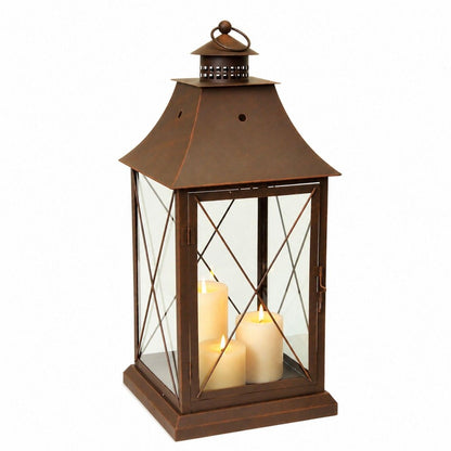Set of Three Brown Lattice Glass And Metal Floor Lantern Candle Holders HomeRoots