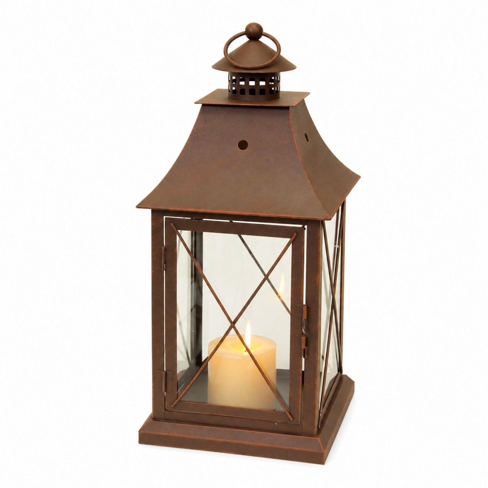 Set of Three Brown Lattice Glass And Metal Floor Lantern Candle Holders HomeRoots