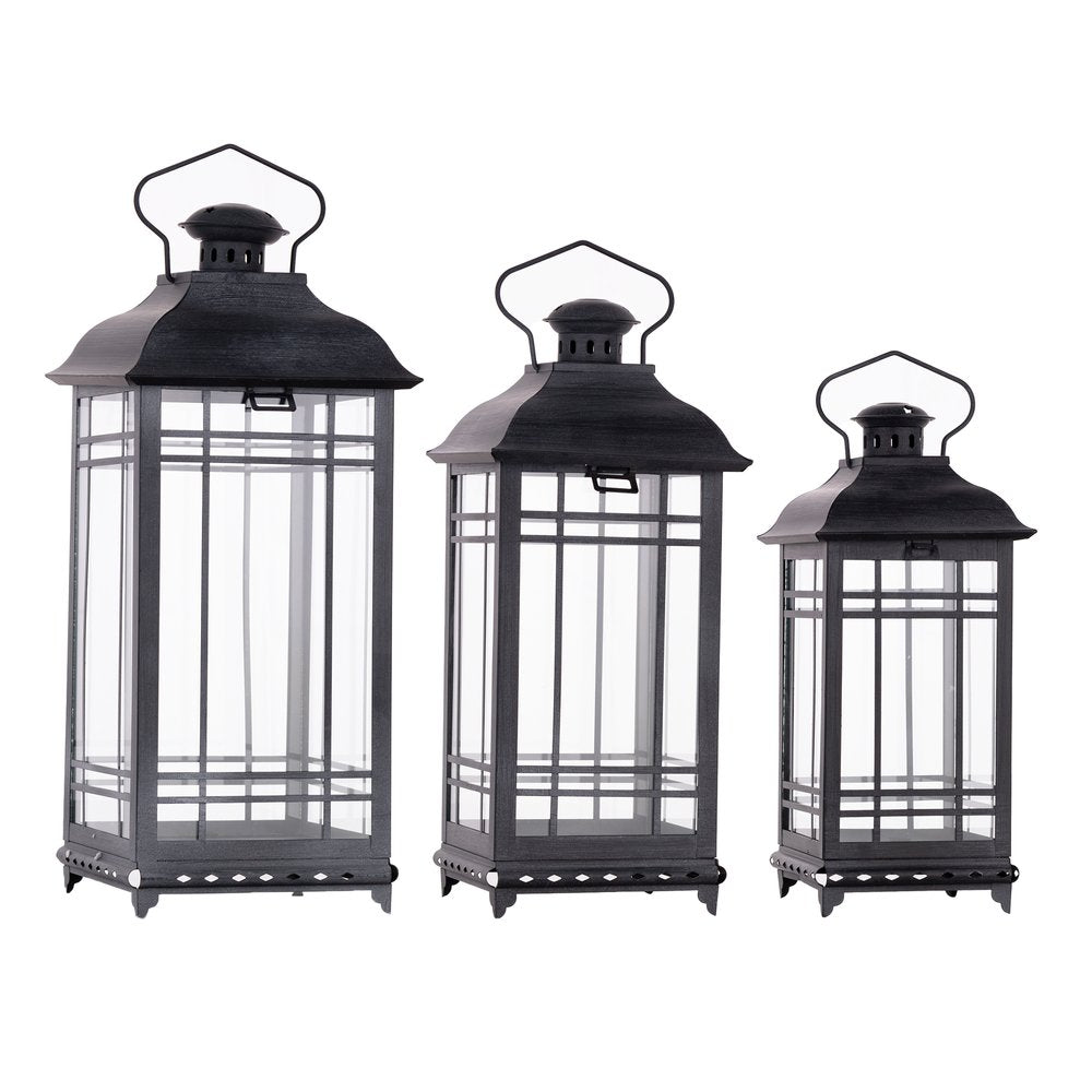 Set of Three Gray Distressed Geometric Glass And Metal Floor Lantern Candle Holders HomeRoots