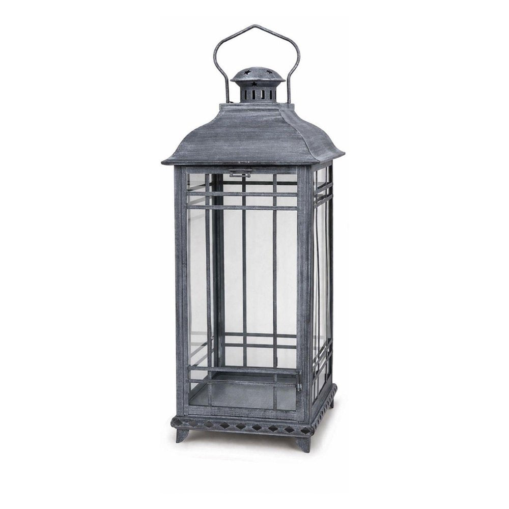 Set of Three Gray Distressed Geometric Glass And Metal Floor Lantern Candle Holders HomeRoots