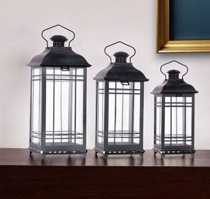 Set of Three Gray Distressed Geometric Glass And Metal Floor Lantern Candle Holders HomeRoots