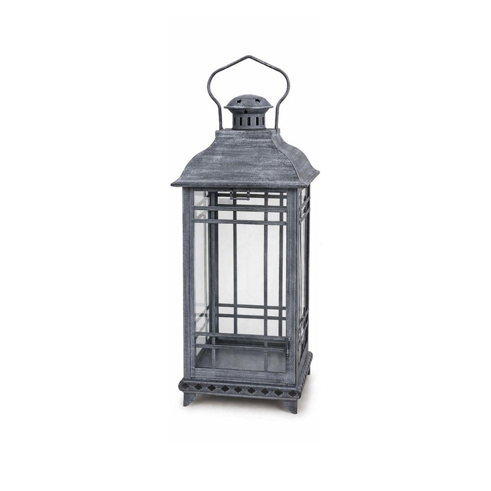 Set of Three Gray Distressed Geometric Glass And Metal Floor Lantern Candle Holders HomeRoots