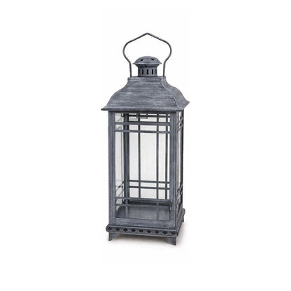 Set of Three Gray Distressed Geometric Glass And Metal Floor Lantern Candle Holders HomeRoots