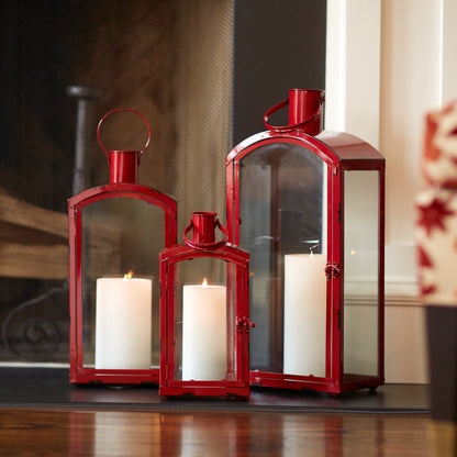 Set of Three Red Metal And Glass Floor Lantern Candle Holders